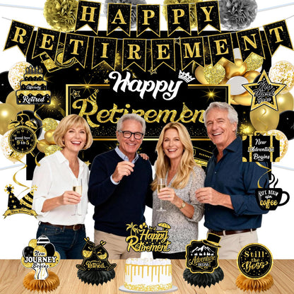 53PCS Retirement Party Decorations Kit for Men & Women, PRE-STRUNG Retirement Decor Set with 72inch Backdrop, Balloons, Sash, Cake Topper, Banner, Honeycomb Centerpieces, Hanging Swirls & Paper Poms 🍁 All In One Marketplace Canada