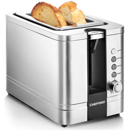 Chefman 2-Slice Pop-Up Stainless Steel Toaster w/ 7 Shade Settings, Extra Wide Slots for Toasting Bagels, Defrost/Reheat/Cancel Functions, Removable Crumb Tray, 850W, 120V, Silver - Available at All In One Marketplace Canada