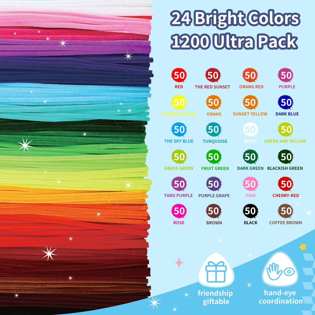 1200Pcs 24 Colors Thick Chenille Pipe Cleaners Bulk for DIY Craft 🍁 All In One Marketplace Canada