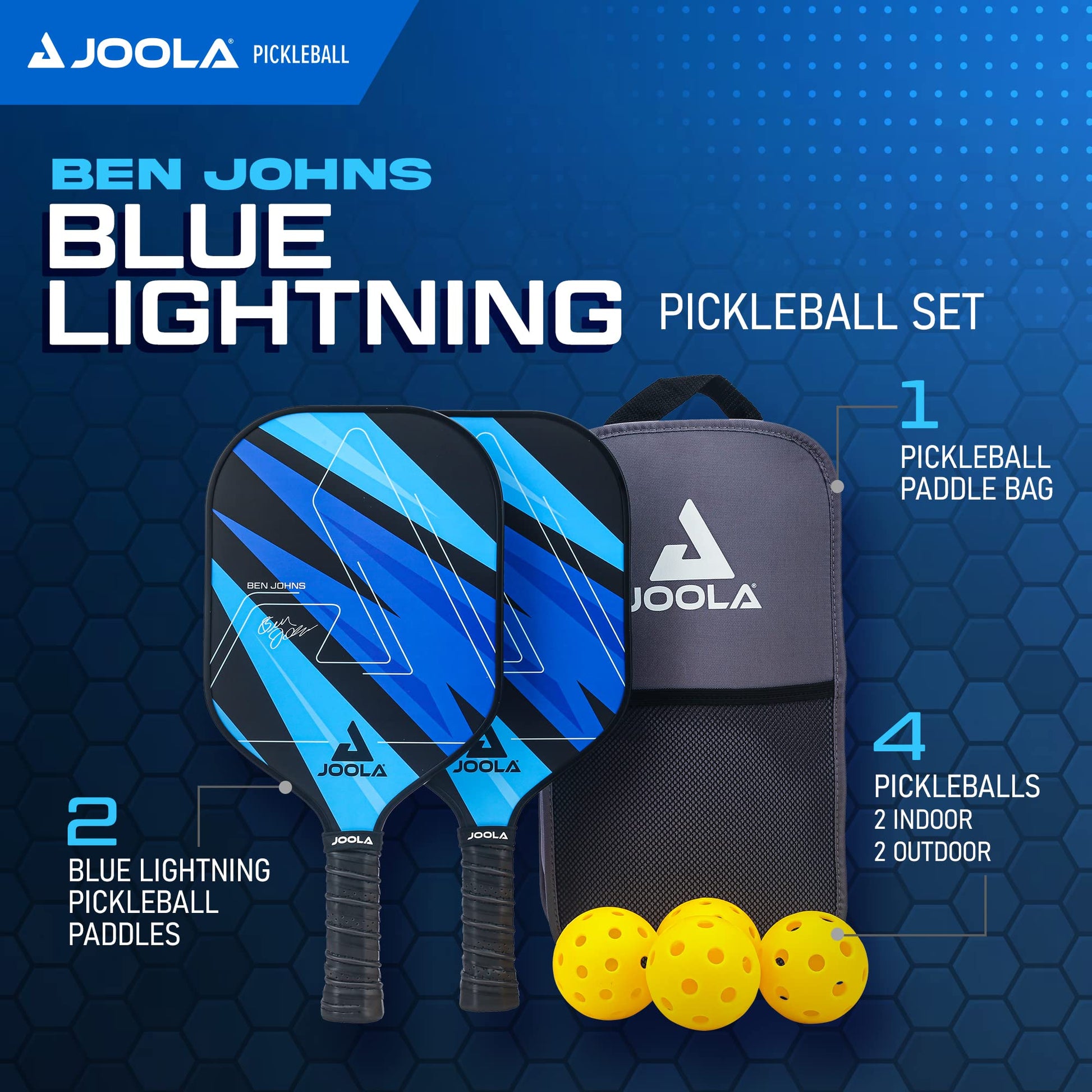 JOOLA Ben Johns Pickleball Set - Made with Reinforced Fiberglass and Honeycomb Polypropylene - Includes 2 Paddles, 4 Balls, and JOOLA Pickleball Bag Joola