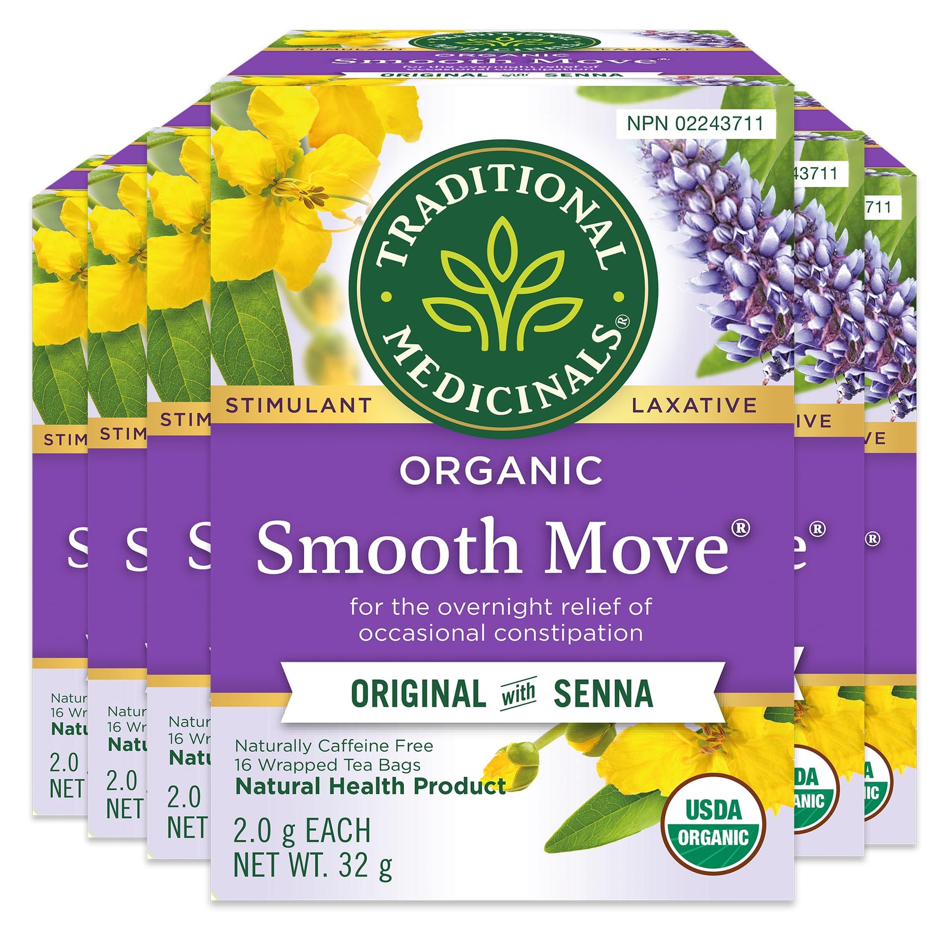 Traditional Medicinals Organic Smooth Move Herbal Tea - 6 Pack (96 Tea Bags) - Gentle Overnight Constipation Relief