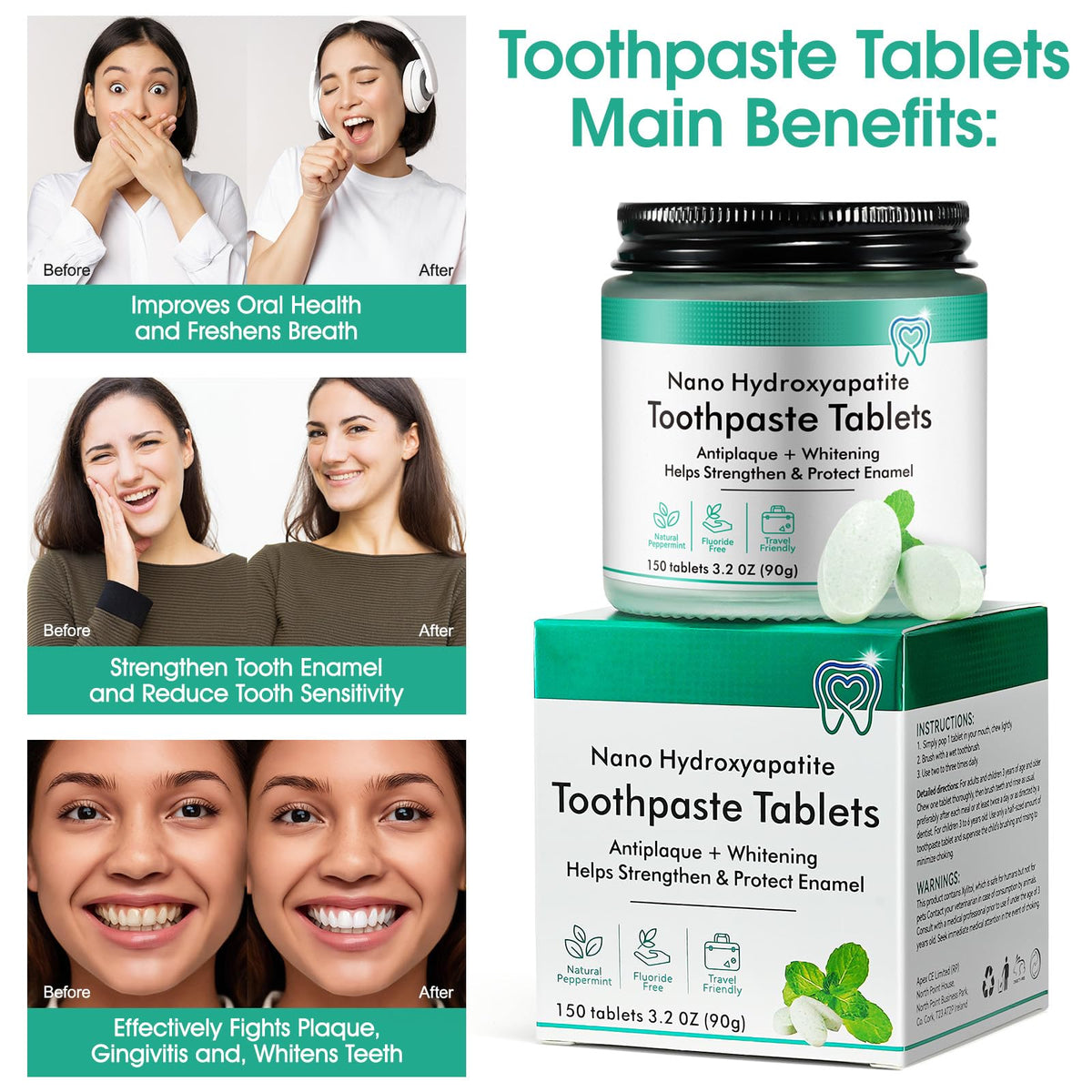 Toothpaste Tablets 150pcs Chewable Whitening - for Sensitive Teeth & Antiplaque - Nano Hydroxyapatite, Natural Peppermint, Fluoride Free - Strengthen & Protect Enamel - Fresh Breath 🍁 All In One Marketplace Canada