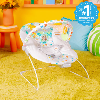 Bright Starts Baby Bouncer Soothing Vibrations Infant Seat - Removable Toy Bar, Nonslip Feet, 0-6 Months Up to 20 lbs (Safari Fun) Bright Starts