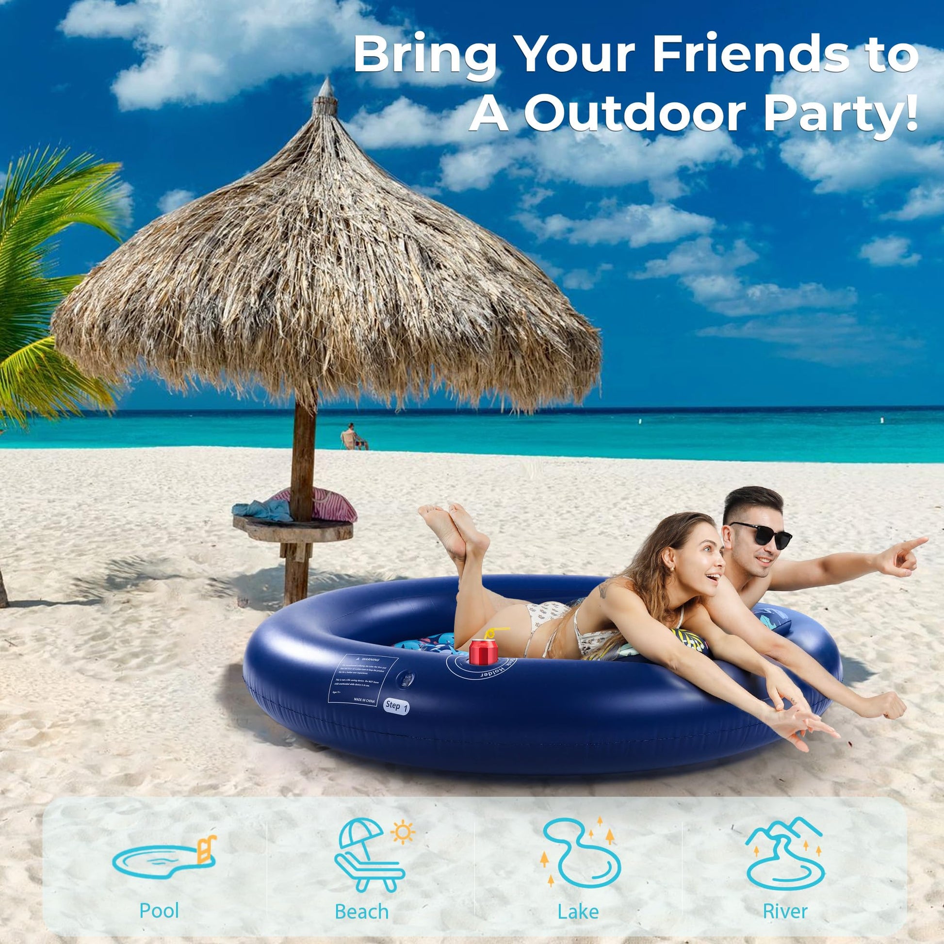 2-Person Pool Floaties for Adults Heavy Duty, Giant 75"X75" Inflatable Pool Matswith Canopy, Cup Holders, Detachable Headrest, Multi-Purpose Water Lounger for Pool Party, Lake, Beach, River, Outdoor