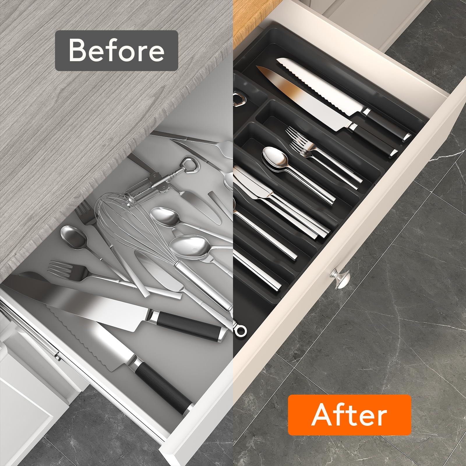 Lifewit Extra Large Cutlery Organizer, Expandable Silverware Drawer Organizer for Kitchen, Adjustable Cutlery Tray Drawer Organizer for Spoon Forks Knives, Cutlery Crocks, 13-22 x 15", Black