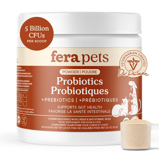 Fera Pets Probiotics for Dogs & Cats with Prebiotics - USDA Organic - Gut Health Powder Supplement with 12 Strains and 5 Billion CFUs - Supports Immunity, Energy and Skin & Coat - 60 Scoops