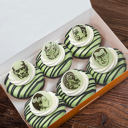 24 anneaux à cupcakes phosphorescents Monstres Universal, décorations de cupcakes d'Halloween, incluant Dracula, Frankenstein, le Loup-garou, la Momie, l'Homme invisible, décorations de gâteaux adaptées au contact alimentaire – Lot de 24