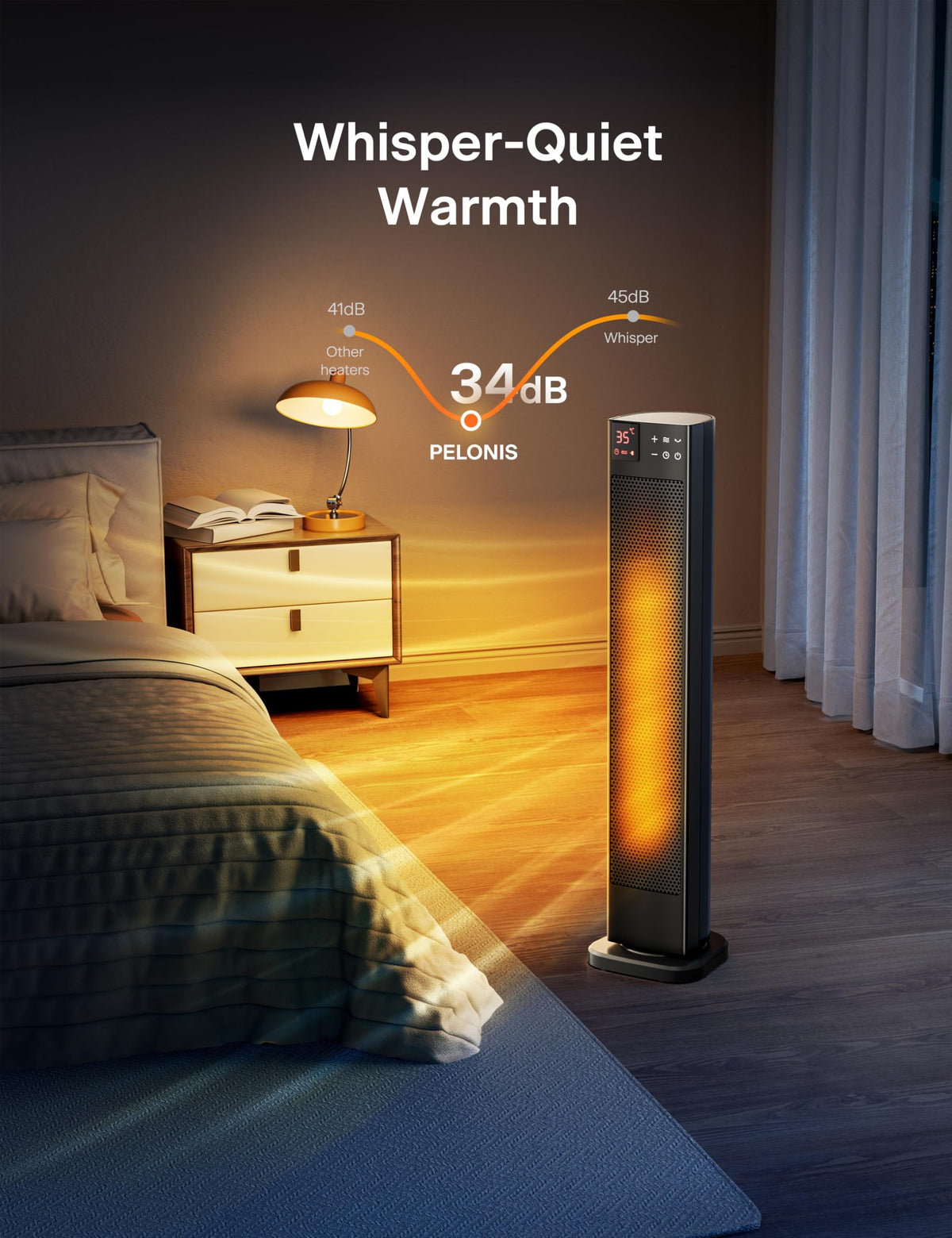 PELONIS 30” Ceramic Tower Space Heater for Bedroom, Electric Room Heater with Adjustable Thermostat, 75° Oscillation, Remote Control & 12H Timer, Tip-Over Switch & Overheating Protection, 1500W, Black