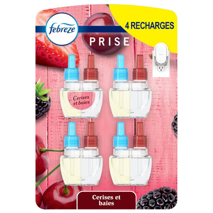 Febreze Plug In Air Freshener, Odor-Fighting Scented Oil Refill, Air Fresheners for Home and Bathroom and Kitchen, Long Lasting for Strong Odors, Cherries & Berries Scent, 26 mL Refills, 4 Count