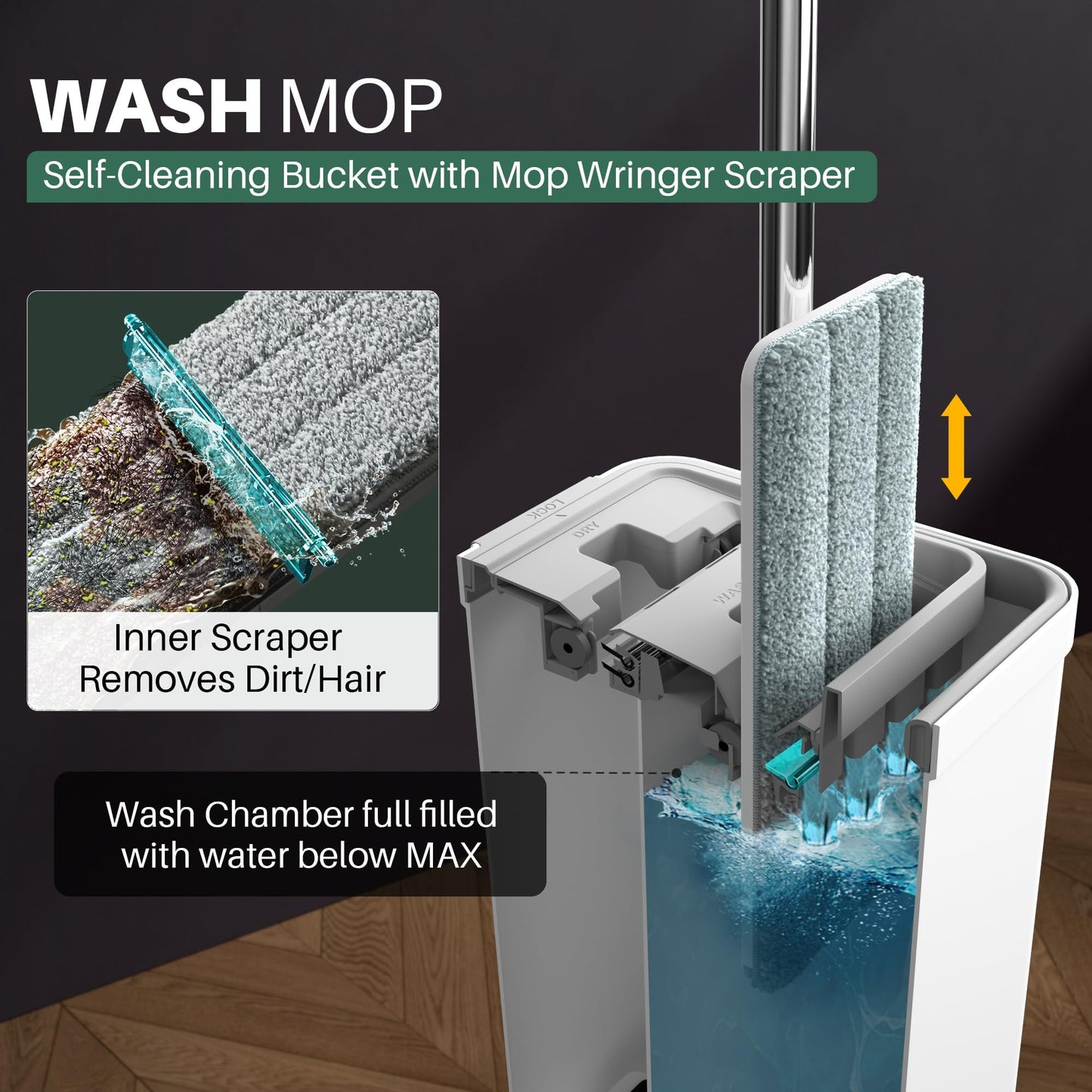 JOYMOOP mop and Bucket with Wringer Set, Flat,for Floor Cleaning with 3 Microfiber Pads, Wet and Dry Use, Household Cleaning Tools, for Hardwood, Laminate, Tile