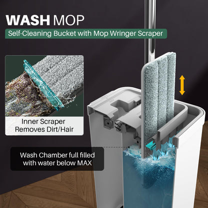 JOYMOOP mop and Bucket with Wringer Set, Flat,for Floor Cleaning with 3 Microfiber Pads, Wet and Dry Use, Household Cleaning Tools, for Hardwood, Laminate, Tile