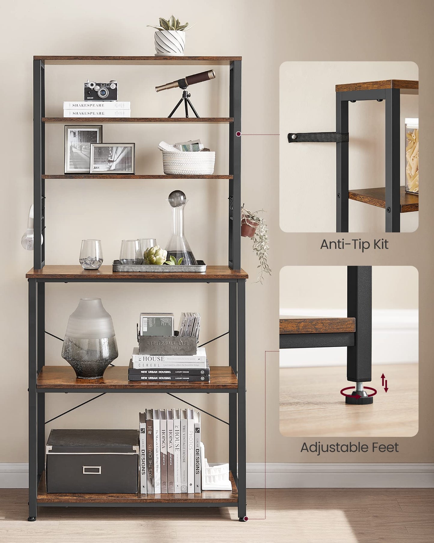 VASAGLE Coffee Bar, Baker’s Rack for Kitchen with Storage, 6-Tier Kitchen Shelves with 6 Hooks, Microwave Stand, Industrial, 15.7 x 31.5 x 65.7 Inches, Rustic Brown and Black UKKS019B01 VASAGLE