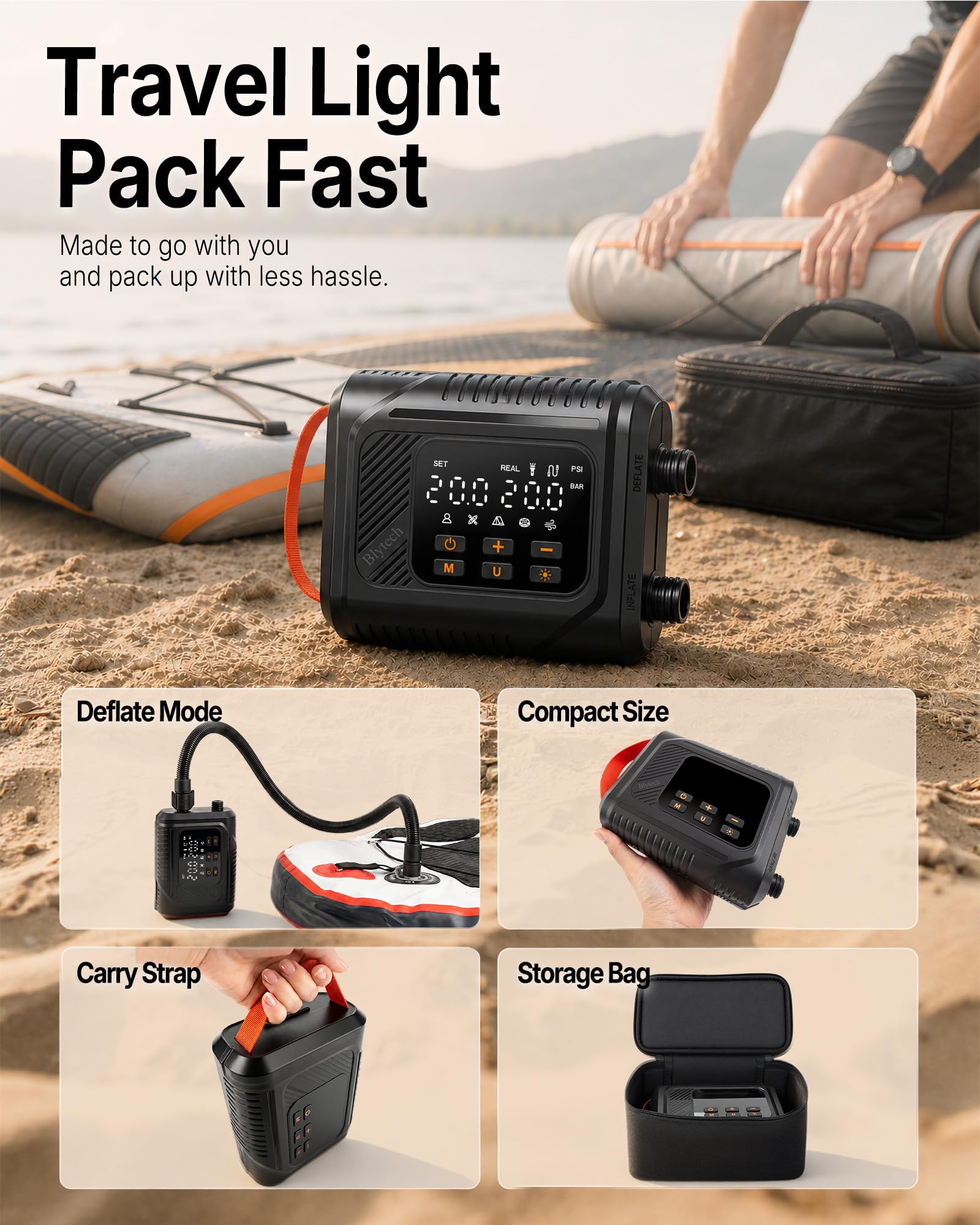 12V DC Paddle Board Pump, Electric Portable SUP Air Pump with Car Cigarette Lighter, Preset Pressure & Auto-Off, Dual-Stage Fast Inflate/Deflate, 20 PSI Max, 7 Nozzles for Paddleboards, Kayaks, Boats.