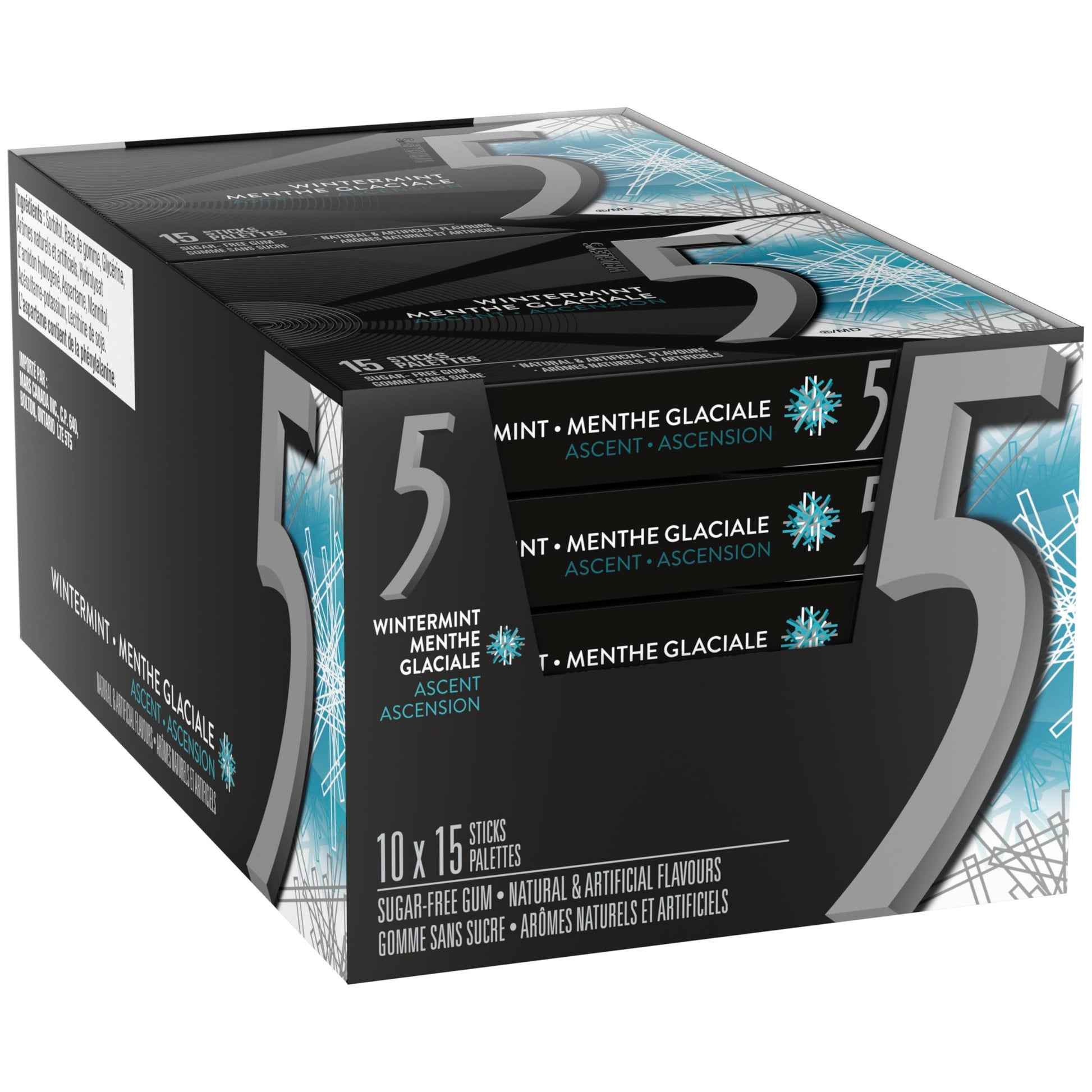 5 GUM, Wintermint-Ascent Flavoured Sugar Free Chewing Gum, 15 Sticks, 10 Packs - Available at All In One Marketplace Canada