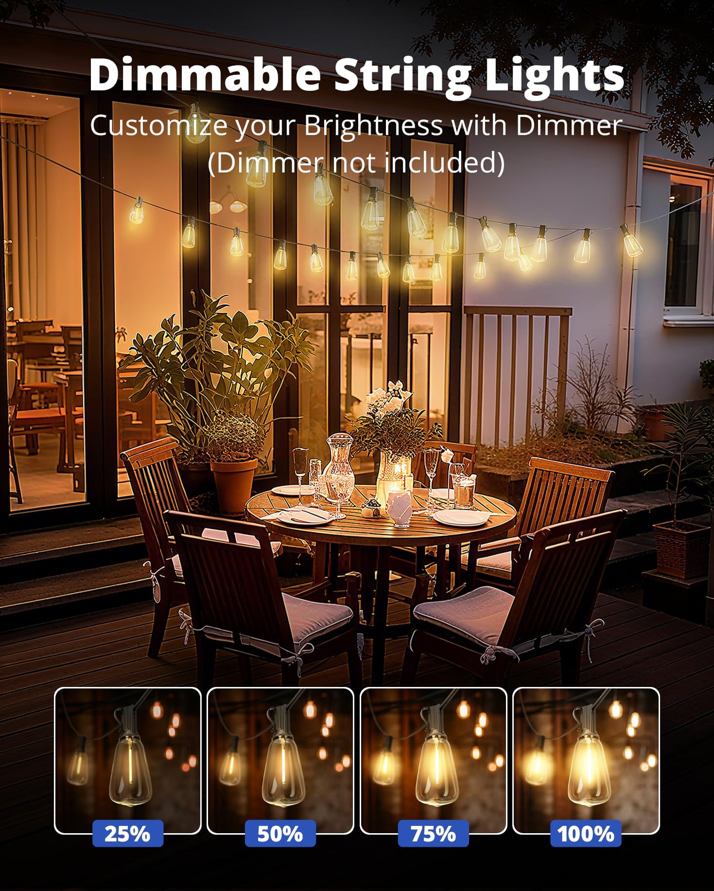 VIPAR Outdoor String Lights 60FT LED Patio Lights Waterproof with 28 Shatterproof ST38 Edison Bulbs Outside Hanging Light Dimmable Connectable for Porch, Deck, Garden, Backyard, Balcony, Decor, 2700K - Available at All In One Marketplace Canada