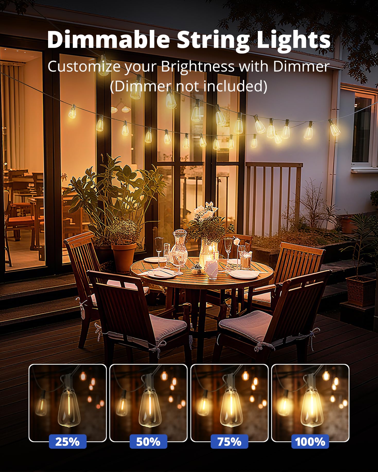 VIPAR Outdoor String Lights 60FT LED Patio Lights Waterproof with 28 Shatterproof ST38 Edison Bulbs Outside Hanging Light Dimmable Connectable for Porch, Deck, Garden, Backyard, Balcony, Decor, 2700K - Available at All In One Marketplace Canada
