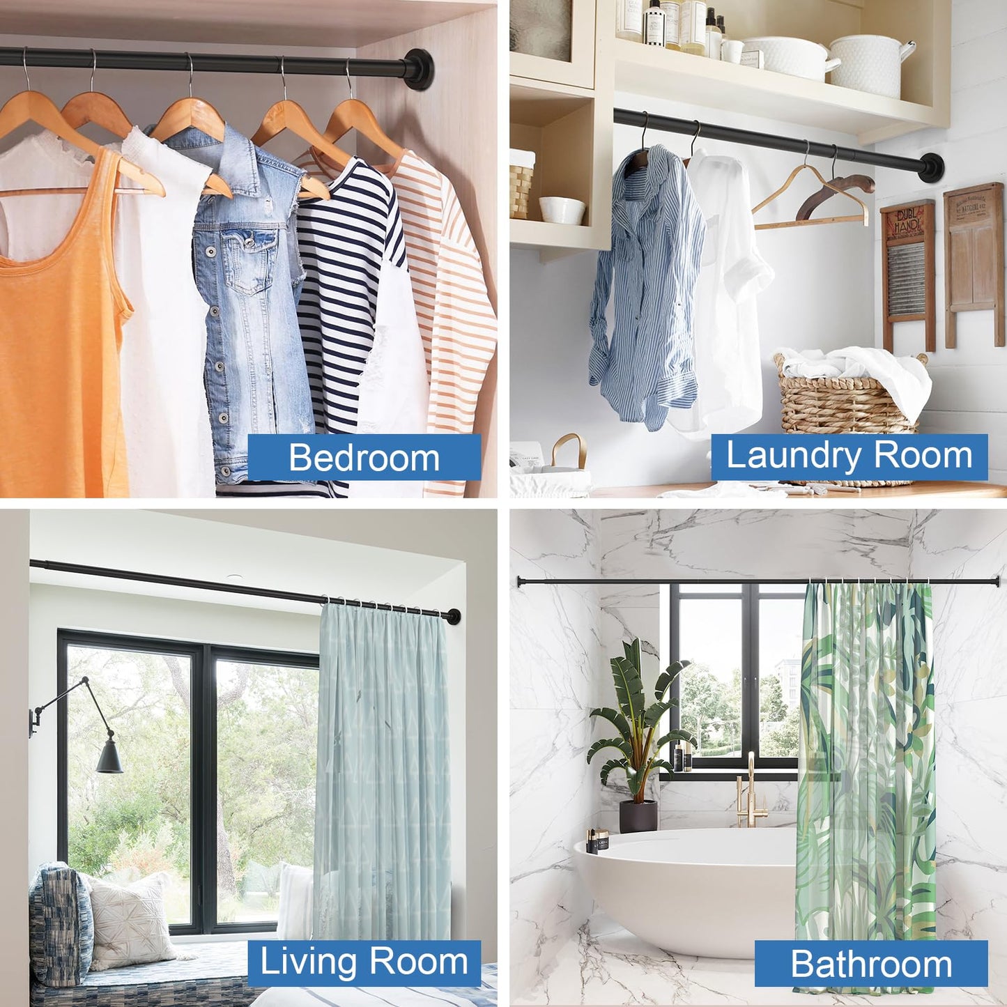 SUNALLY Shower Curtain Rod Adjustable 32-75 Inch, Spring Tension Shower Pole Rods Extendable Stainless Steel Telescoping Curtain Rod for Bathroom Windows Closet, No Drilling, No Slip, No Rust, Black - Available at All In One Marketplace Canada
