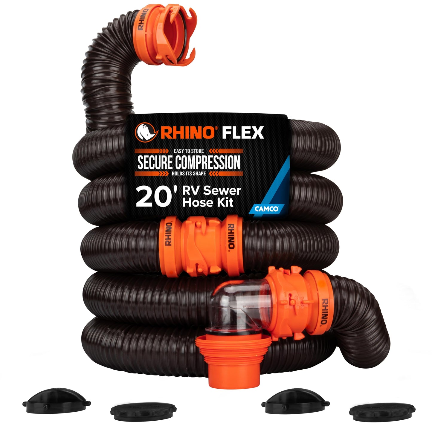 Camco RhinoFLEX 20-Ft Camper/RV Sewer Hose Kit - Features Clear Elbow Fitting w/Removable 4-in-1 Adapter - Connects to 3” Slip or 3”/3.5”/4” NPT Threaded Sewer Connection (39742)