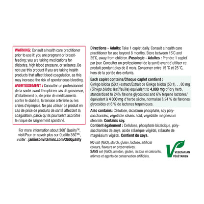 Jamieson Ginko Biloba 4,000 mg, Helps Enhance Cognitive Function, Improve Memory, and Supports Peripheral Circulation. Vegetarian, Gluten-Free, 90 Count - Available at All In One Marketplace Canada