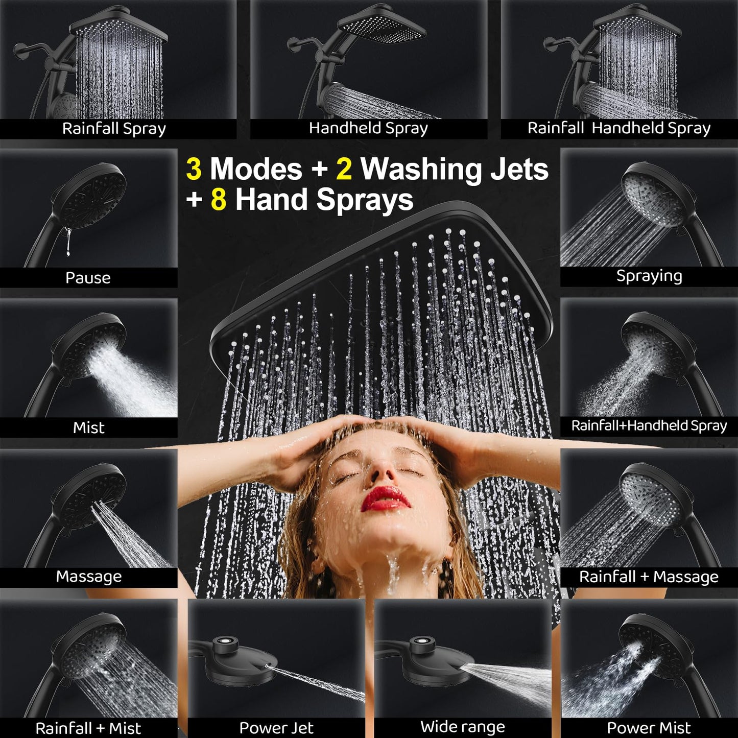 Rain Shower Head, Dual Shower Heads, Adjustable Integrated Bracket with Built-in Magnetic Base and Powerful Water Spray, with Handheld high-Pressure Spray Combination (Black).