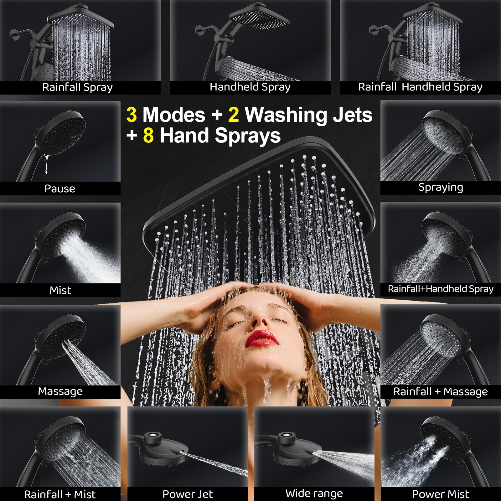 Rain Shower Head, Dual Shower Heads, Adjustable Integrated Bracket with Built-in Magnetic Base and Powerful Water Spray, with Handheld high-Pressure Spray Combination (Black).