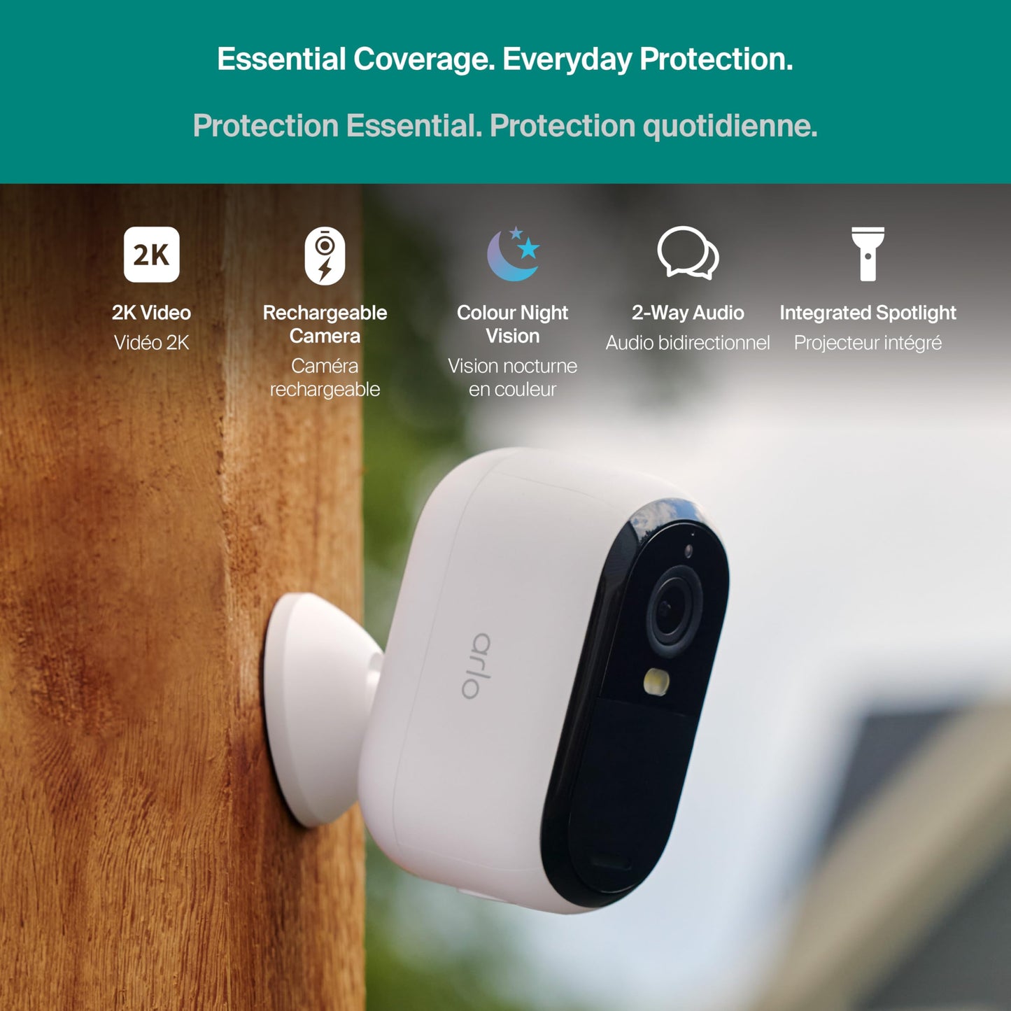 Arlo Essential Security Camera 2K (3rd Gen, 2025 Release) - Wireless Outdoor Camera, Battery Power, Person Recognition, Package Detection, Animated Preview, 1-Month Trial of Secure Plan, 2 Cam, White