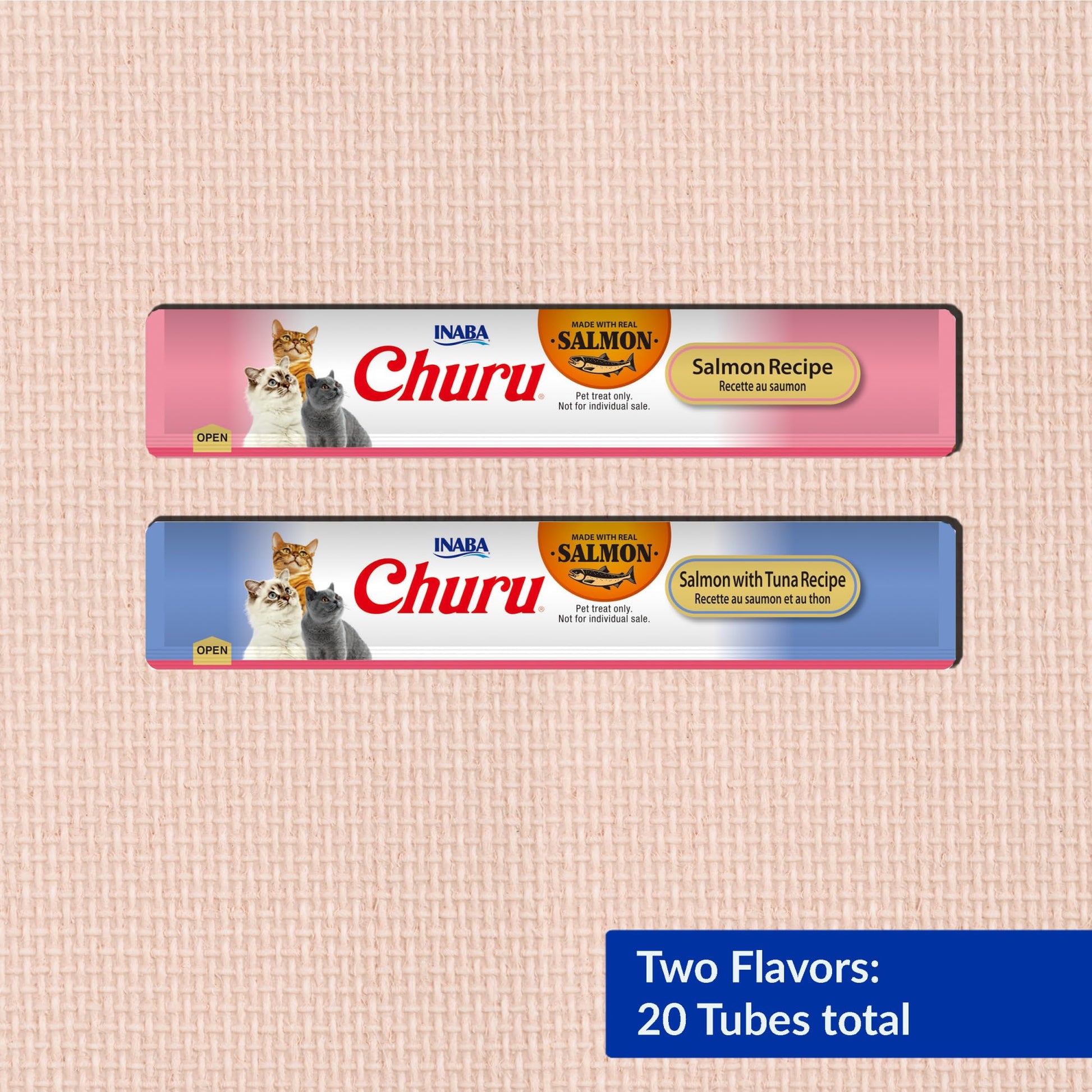 INABA Salmon Churu Cat Treats, Lickable, Squeezable Creamy Purée Cat Treat with Green Tea Extract & Taurine, 14 Grams Each Tube, 20 Tubes, Salmon & Tuna Variety Box - Available at All In One Marketplace Canada
