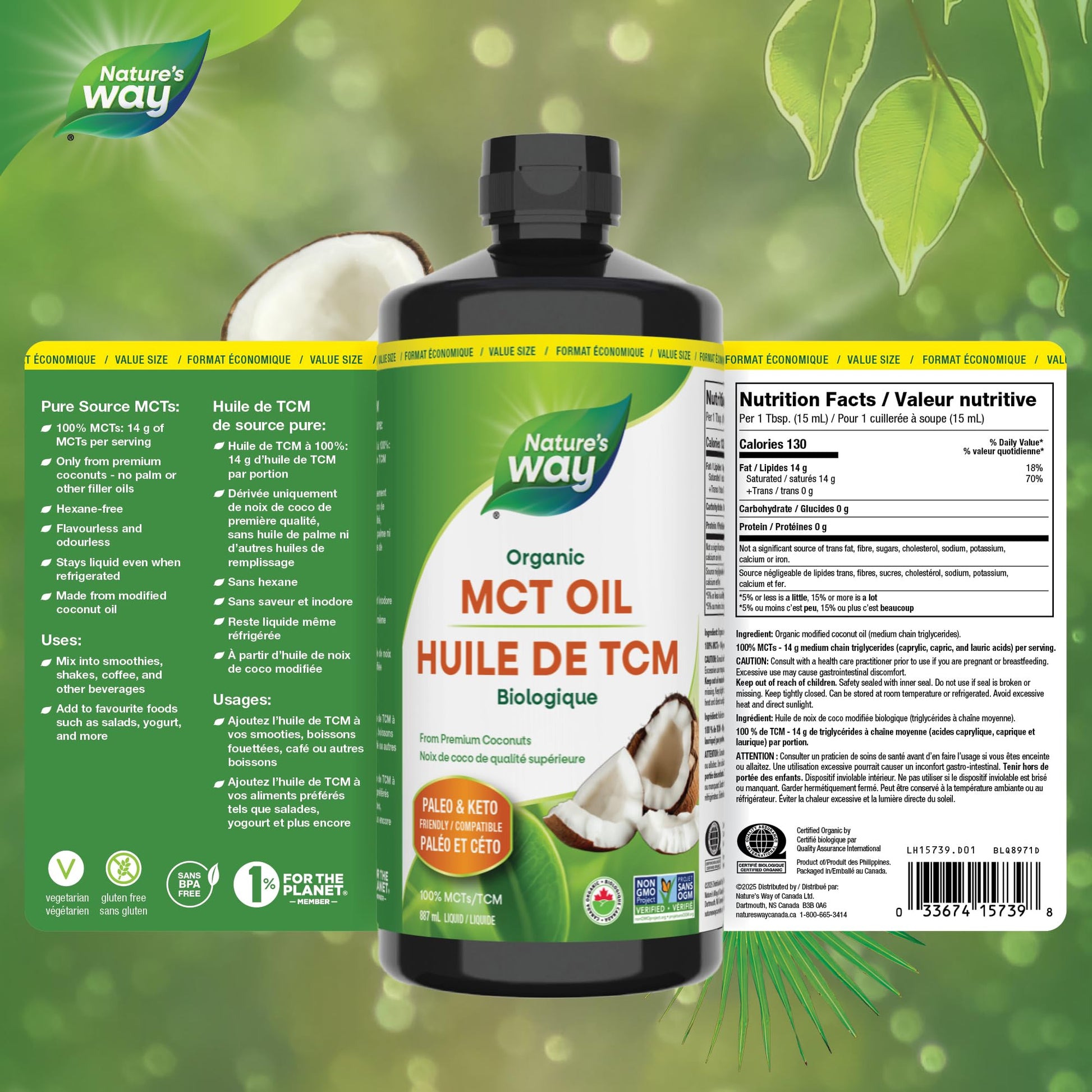 Nature's Way 100% Pure MCT Oil From Coconut – 14g MCT Per Serving – Paleo and Keto friendly – Certified Organic – Non-GMO Project Verified – Vegetarian, Gluten-free, & Flavourless – 887 mL, Value Size Nature's Way