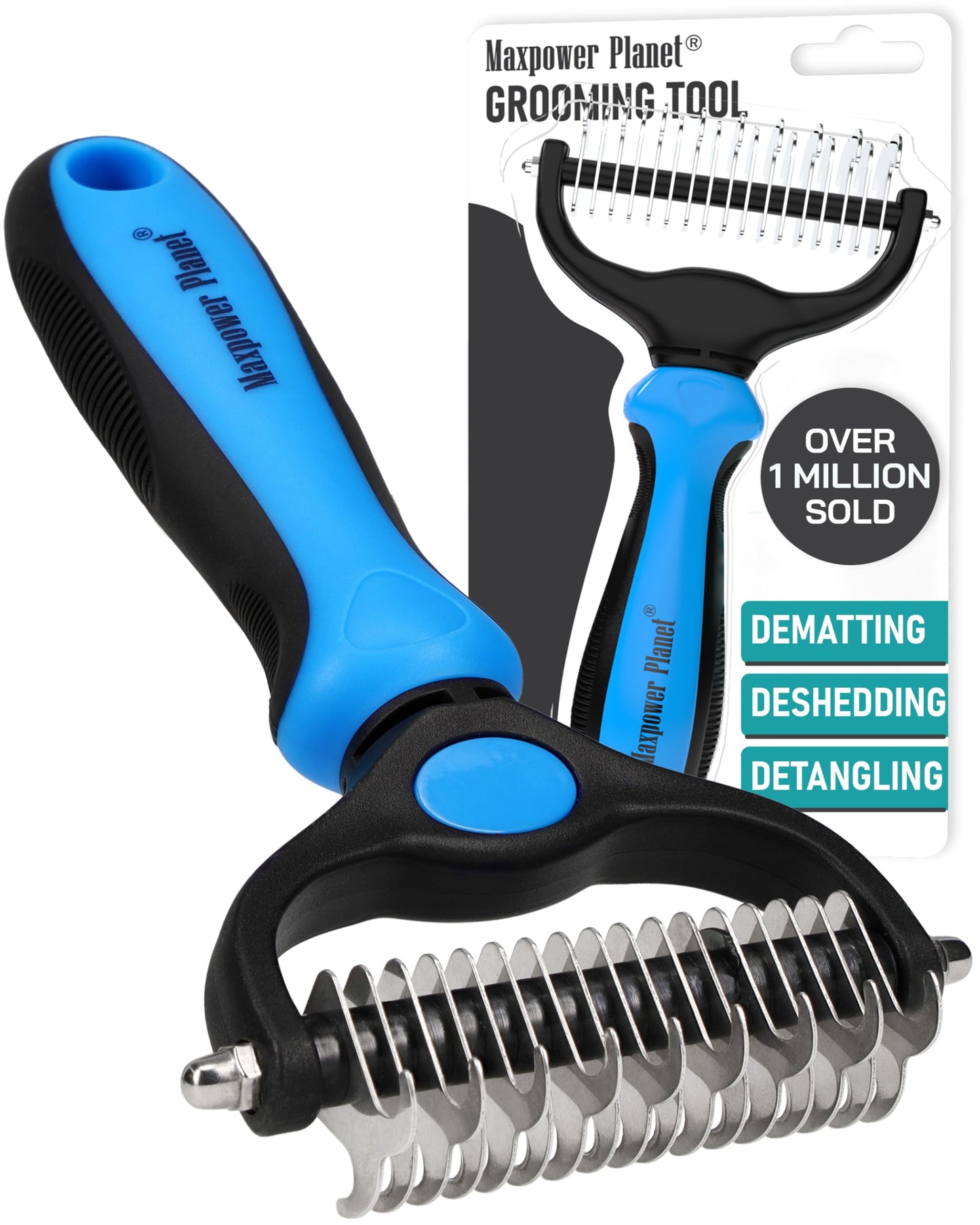 Maxpower Planet Pet Grooming Brush - Double Sided Shedding, Dematting (A1 Blue, Large)