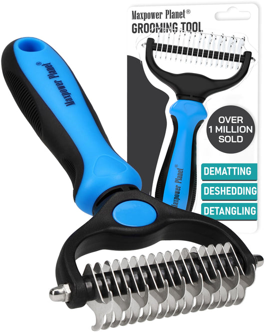 Maxpower Planet Pet Grooming Brush - Double Sided Shedding, Dematting (A1 Blue, Large)