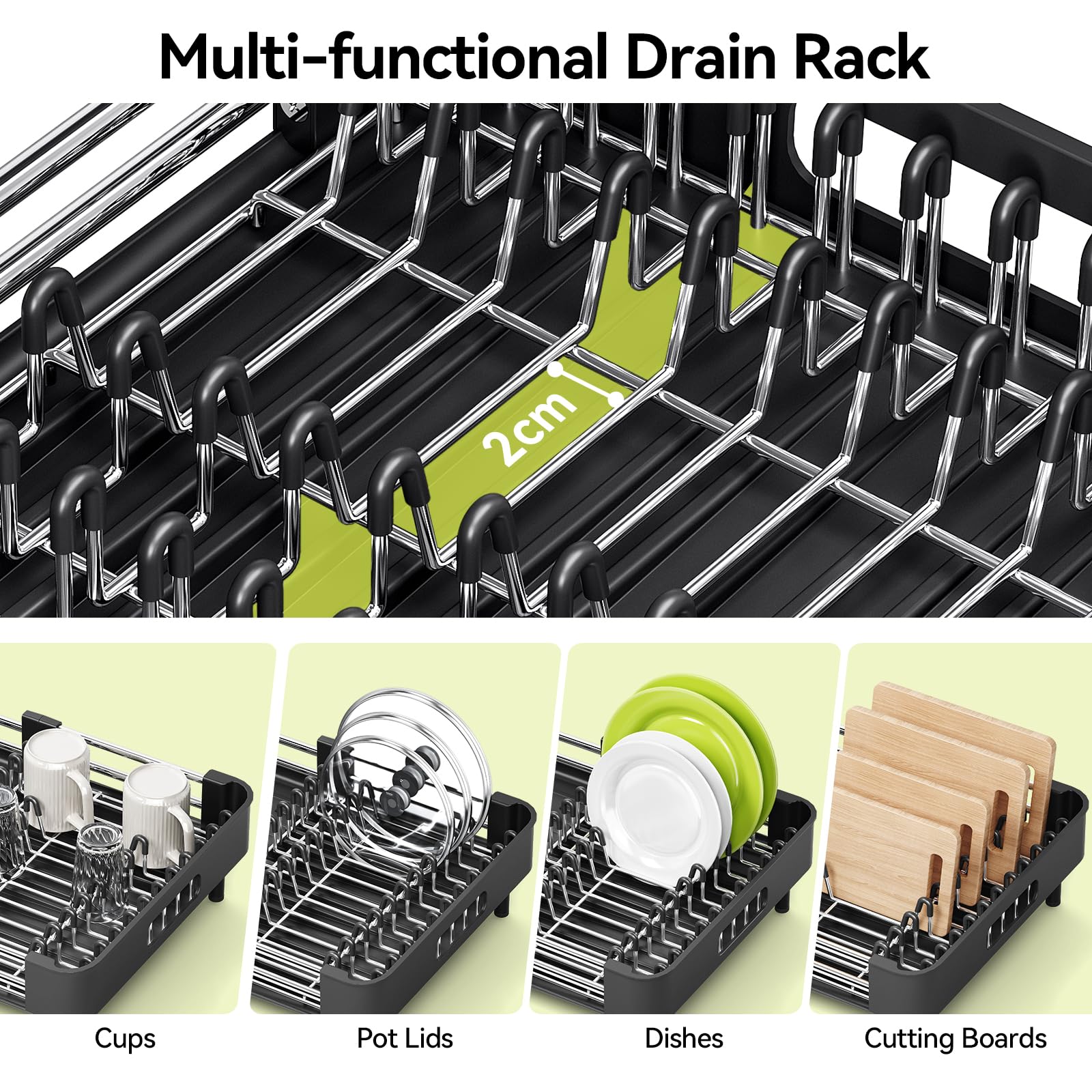 Urackify Extendable Dish Drying Rack, Dual Part Dish Drainers with Non-Scratch and Movable Cutlery Drainer and Drainage Spout, Adjustable Dish Rack for Kitchen,Black - Available at All In One Marketplace Canada