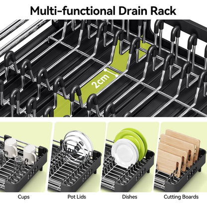 Urackify Extendable Dish Drying Rack, Dual Part Dish Drainers with Non-Scratch and Movable Cutlery Drainer and Drainage Spout, Adjustable Dish Rack for Kitchen,Black - Available at All In One Marketplace Canada
