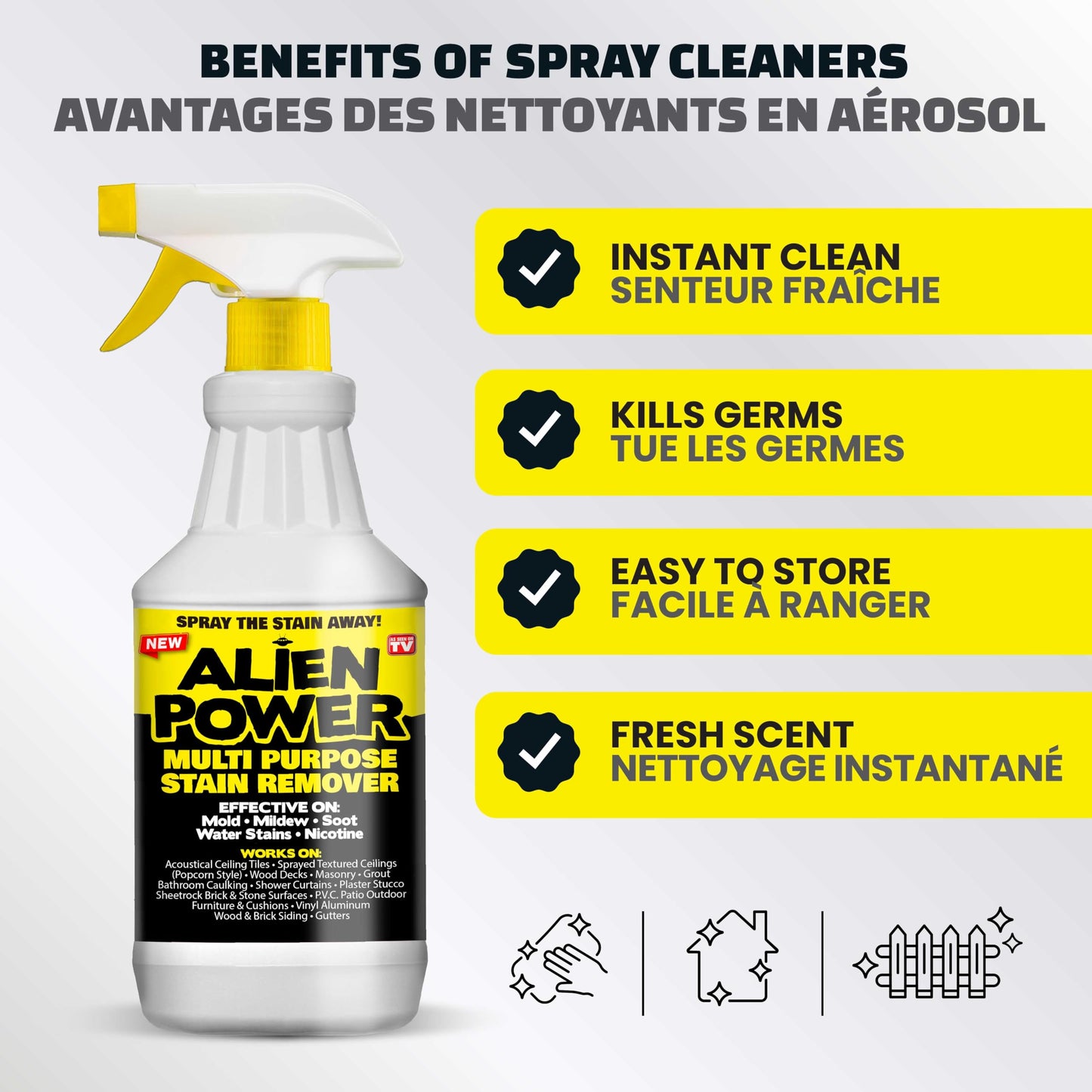 Alien Power 48 Fl Oz Instant Stain Remover Spray for Mold and Mildew, All Purpose No-Scrub Cleaner for Bathroom & Household Surfaces, Tiles, Wall, Black Mold, Mould, Grout - 2 Pack Set - Available at All In One Marketplace Canada