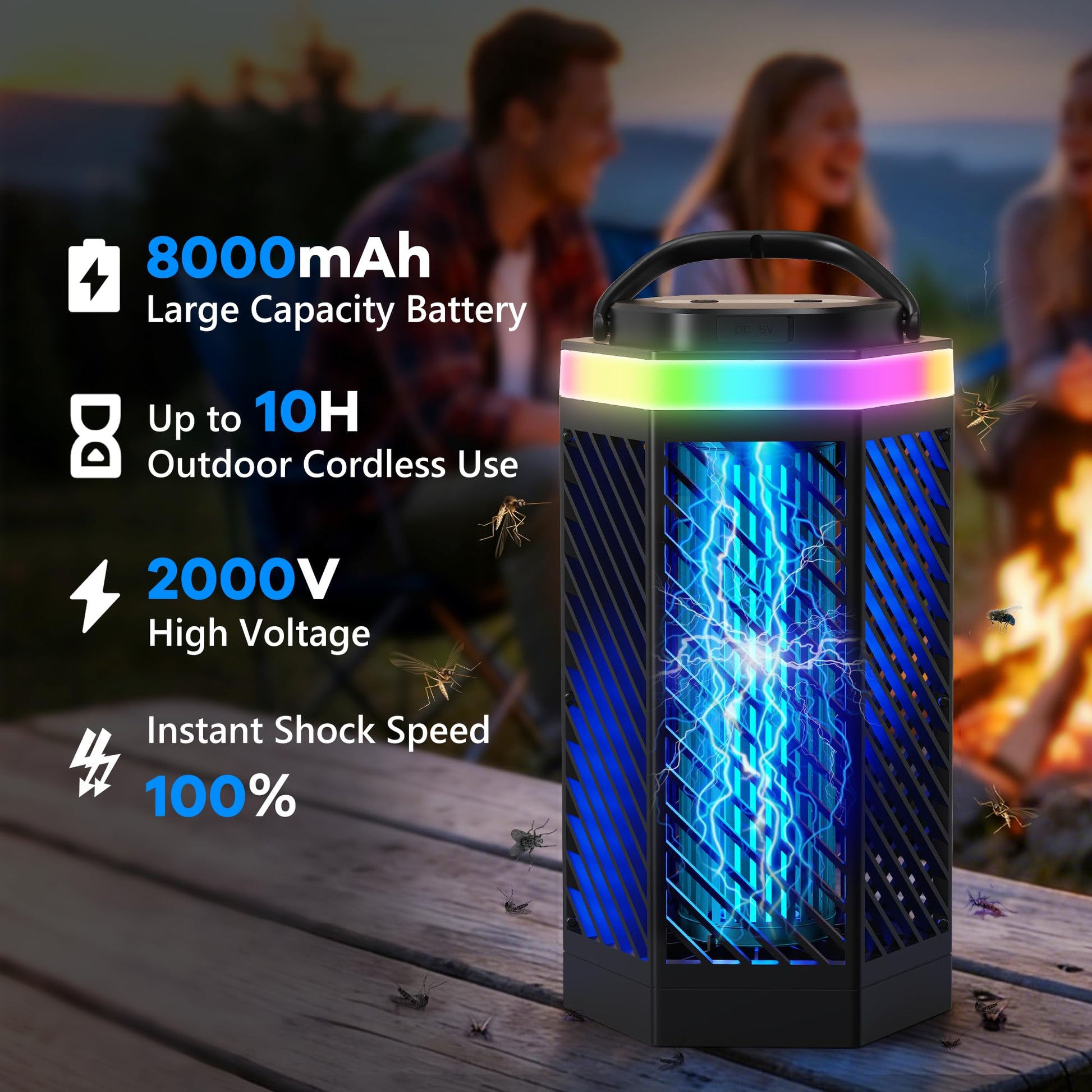 REOGLE Bug Zapper Outdoor Indoor, Rechargeable Mosquito Zapper with 8000mAh Battery & LED Night Light, USB Charging Electric Fly Zapper, Portable Fly Trap Fly Killer for Patio, Backyard, Garden