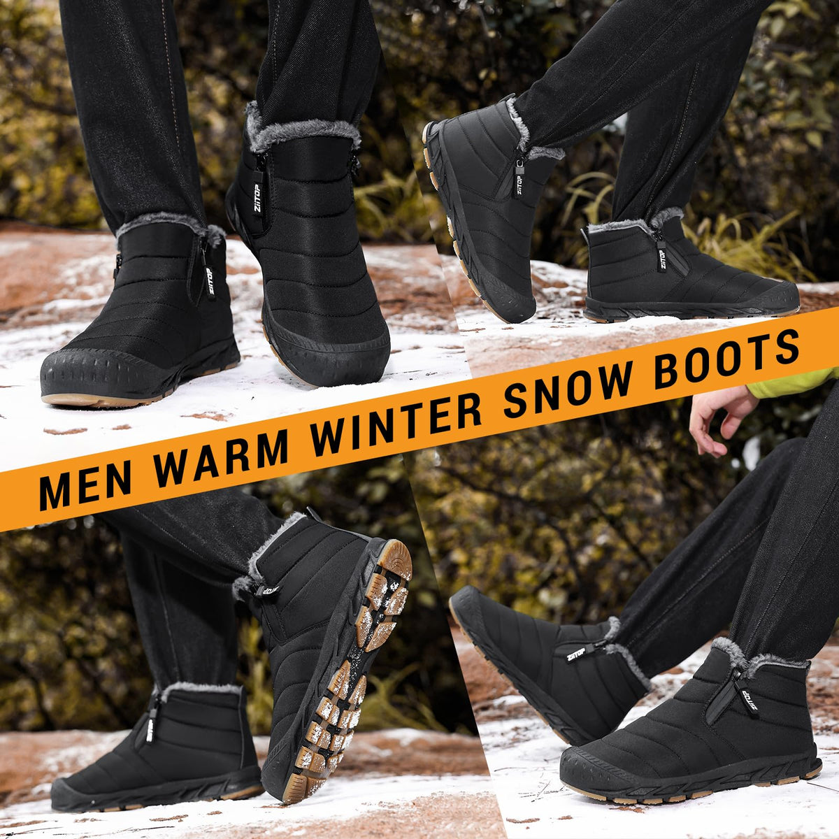 Snow Boots Mens Waterproof Winter Boots Fur Lined Warm Ankle Boots Zipper Closure Slip on Outdoor Boot Comfortable Walking Shoes 🍁 All In One Marketplace Canada