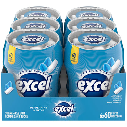 EXCEL, Peppermint Flavoured Sugar Free Chewing Gum, 60 Pieces, 6 Bottles
