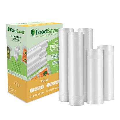 FoodSaver Vacuum Seal Rolls Variety Pack, Vacuum Sealer Rolls for Custom Length Airtight Food Storage Bags and Sous Vide, BPA-Free, 3 Rolls (11" x 16') and 2 Rolls (8" x 20') - 5 Total FOODSAVER