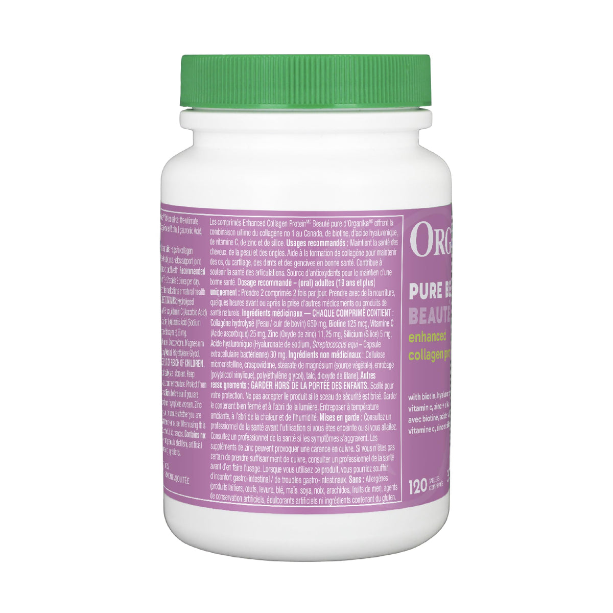 Organika Canadian-Made Enhanced Collagen Pure Beauty Tablets - Combination of Collagen (2600mg), Biotin (125mcg), Hyaluronic Acid, Vitamin C, Zinc, and Silica- 120tabs