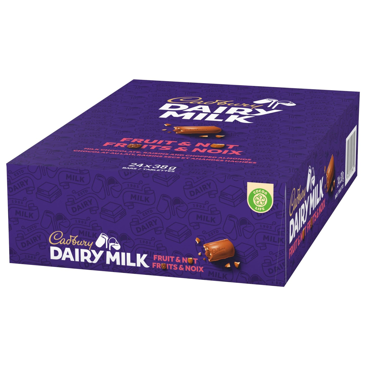 CADBURY DAIRY MILK Fruit & Nut Chocolate Bar - 24 Pack (38g each, 912g total) - Canadian Made