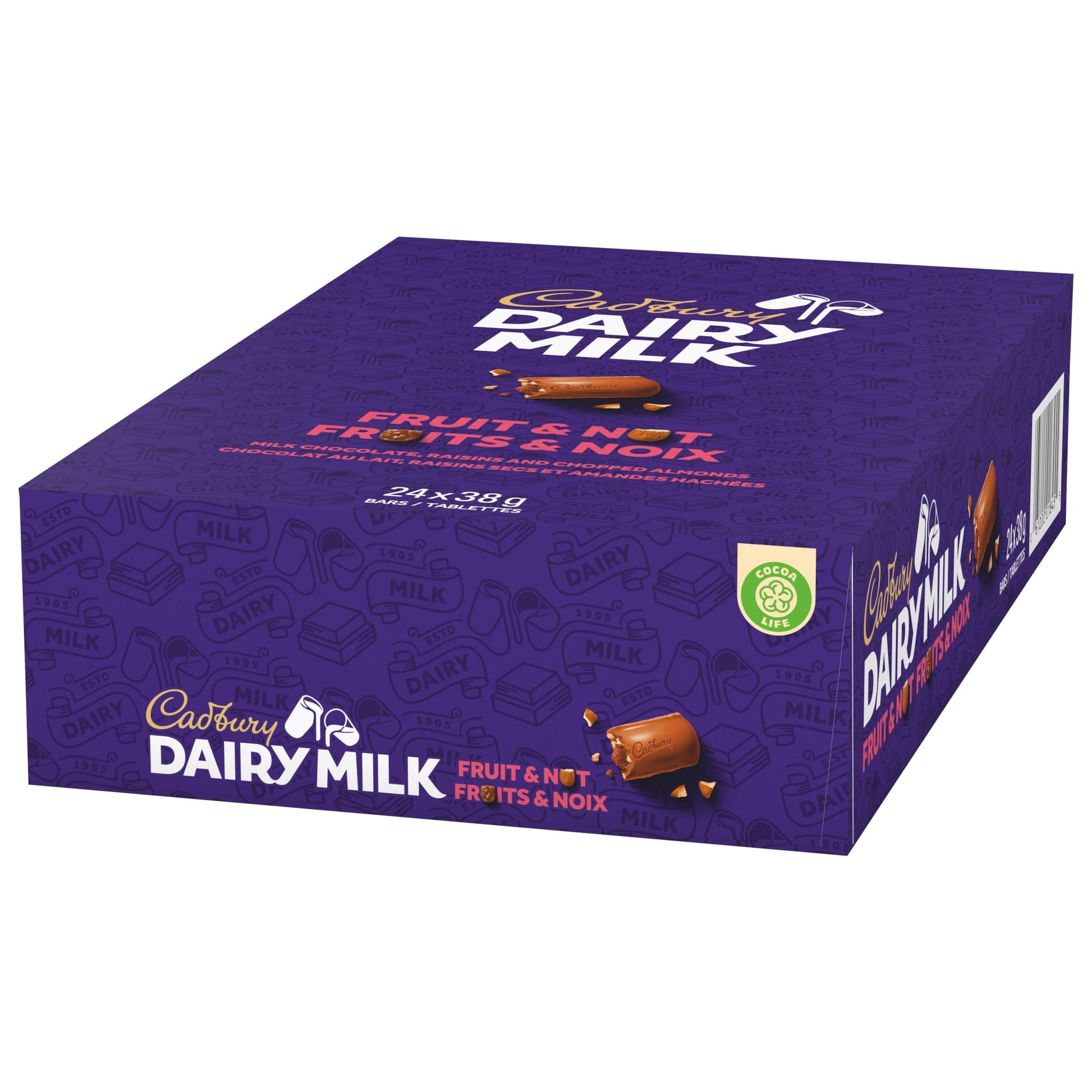 CADBURY DAIRY MILK Fruit & Nut Chocolate Bar - 24 Pack (38g each, 912g total) - Canadian Made