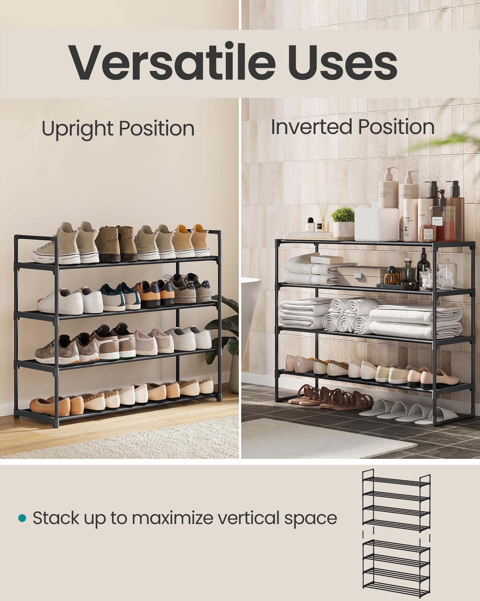 SONGMICS Shoe Rack, 4-Tier Shoe Organizer, Sturdy Storage Shelf, Upright or Upside Down, for 20-25 Pairs, Stackable, for Entryway, 30 x 92 x 75 cm, Black ULSA14BK