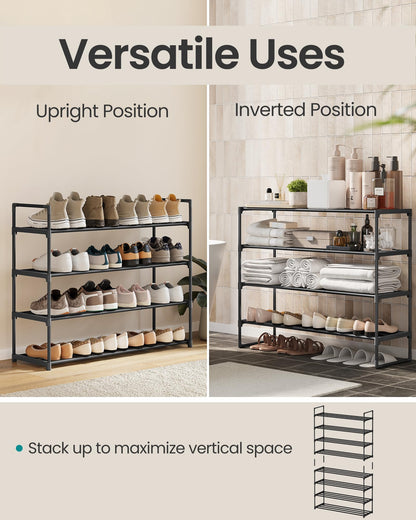 SONGMICS Shoe Rack, 4-Tier Shoe Organizer, Sturdy Storage Shelf, Upright or Upside Down, for 20-25 Pairs, Stackable, for Entryway, 30 x 92 x 75 cm, Black ULSA14BK