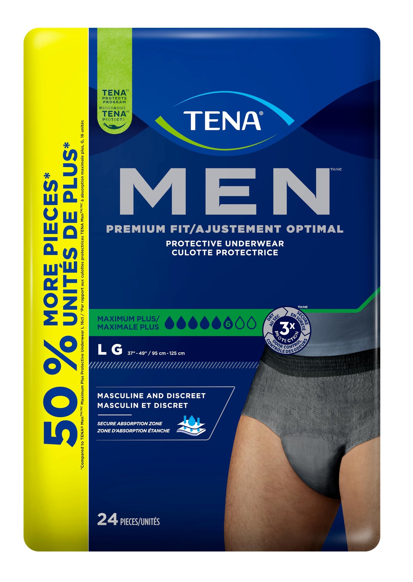 TENA Men Maximum Plus Incontinence Underwear, Large, 37-49in, Grey, 24 ct TENA