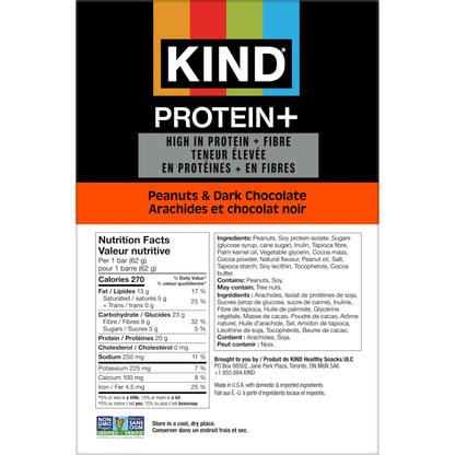 KIND PROTEIN+ Peanuts & Dark Chocolate, 62 g, 12 Count KIND