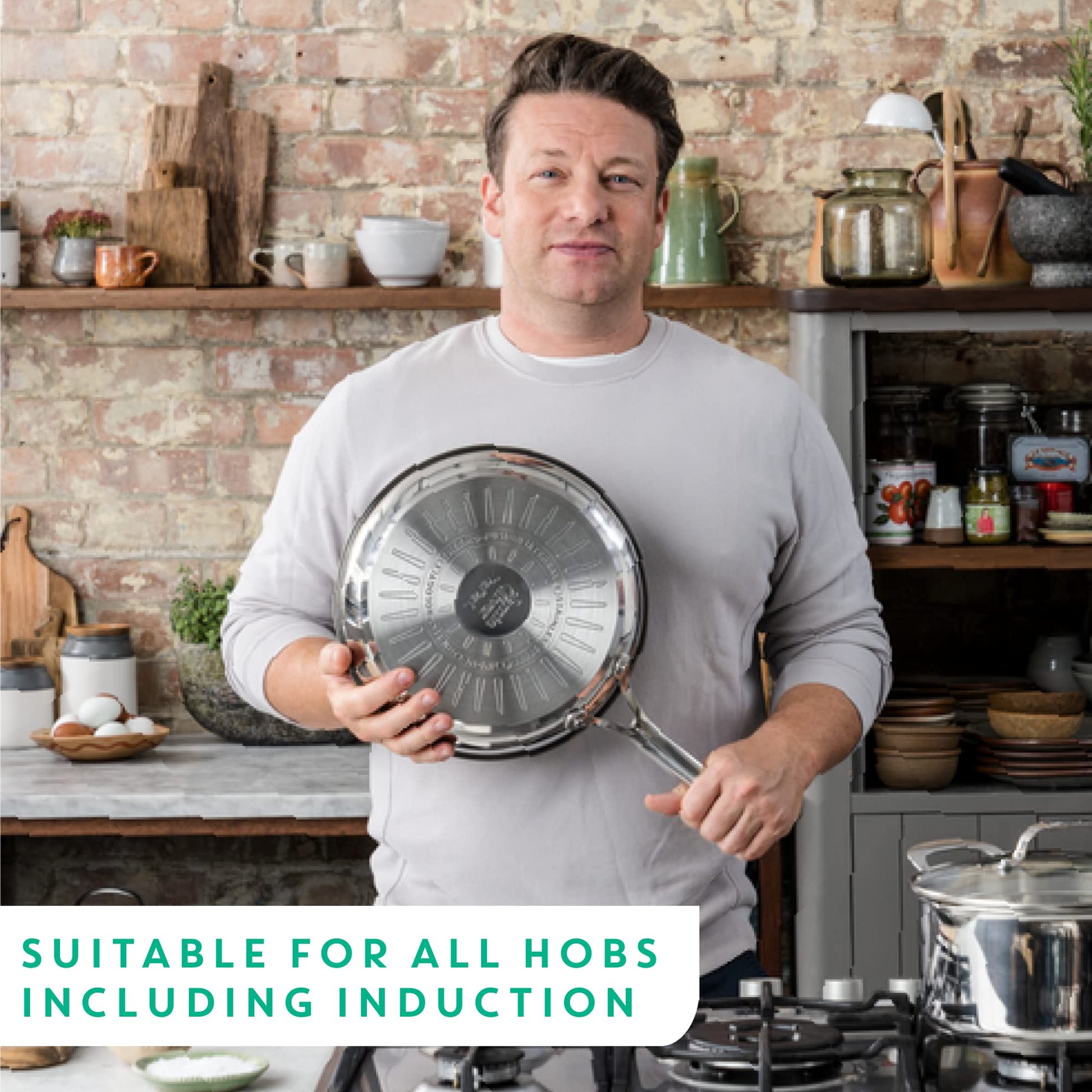 Jamie Oliver by Tefal Nonstick Coated Stainless Steel Pan 11-Inch, Induction Compatible, Oven Safe up to 500°F, Chef's Stainless Steel Skillet, Non Stick Frying Pans, Silver T-Fal