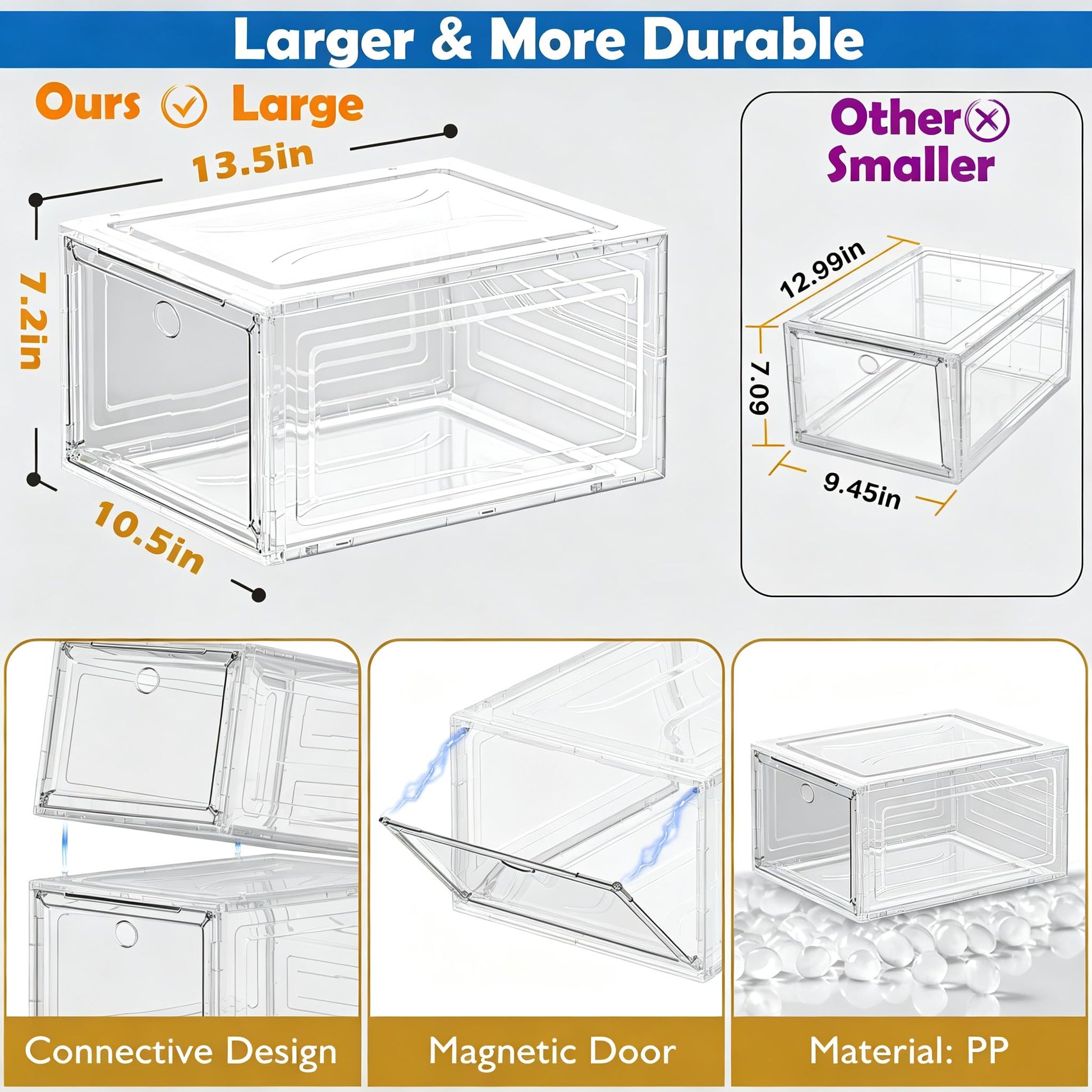 Thicken & Sturdy Clear Shoe Storage Organizer with Magnetic Door, Stackable Boxes for Closet, Foldable Space-Saving Shoe Rack for Sneaker Boot Container, Plastic Shoe Cabinet Shoe Box 6 Pack, White