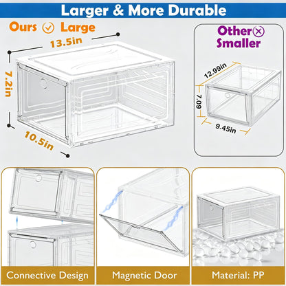 Thicken & Sturdy Clear Shoe Storage Organizer with Magnetic Door, Stackable Boxes for Closet, Foldable Space-Saving Shoe Rack for Sneaker Boot Container, Plastic Shoe Cabinet Shoe Box 6 Pack, White