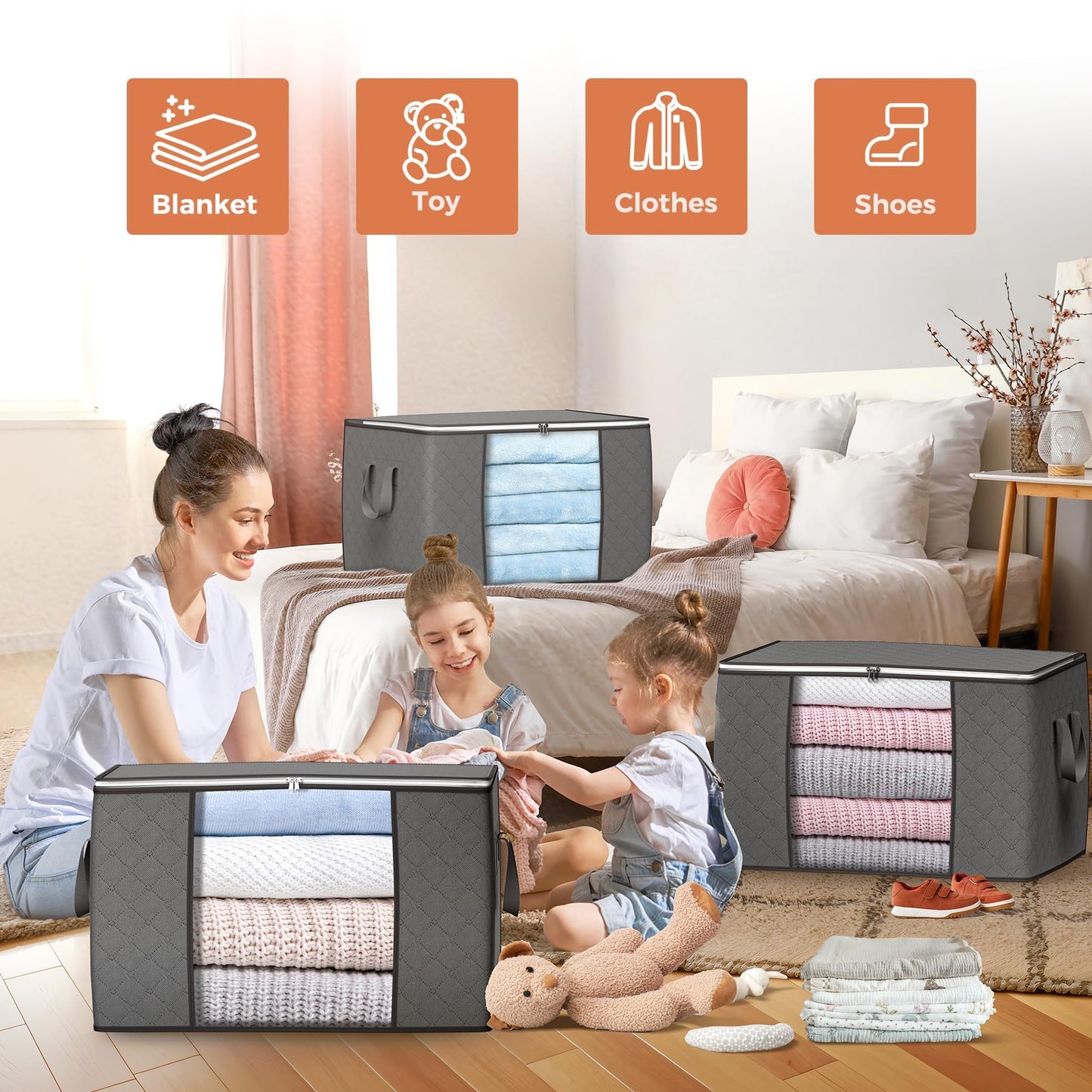 90 L Large Storage Bags, 6 Pack Clothes Storage Bins Foldable Closet Organizers and Storage Containers with Reinforced Handle for Clothing, Blanket, Comforters, Bed Sheets, Pillows and Toys (Gray) - Available at All In One Marketplace Canada