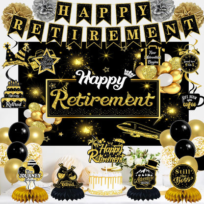 53PCS Retirement Party Decorations Kit for Men & Women, PRE-STRUNG Retirement Decor Set with 72inch Backdrop, Balloons, Sash, Cake Topper, Banner, Honeycomb Centerpieces, Hanging Swirls & Paper Poms 🍁 All In One Marketplace Canada