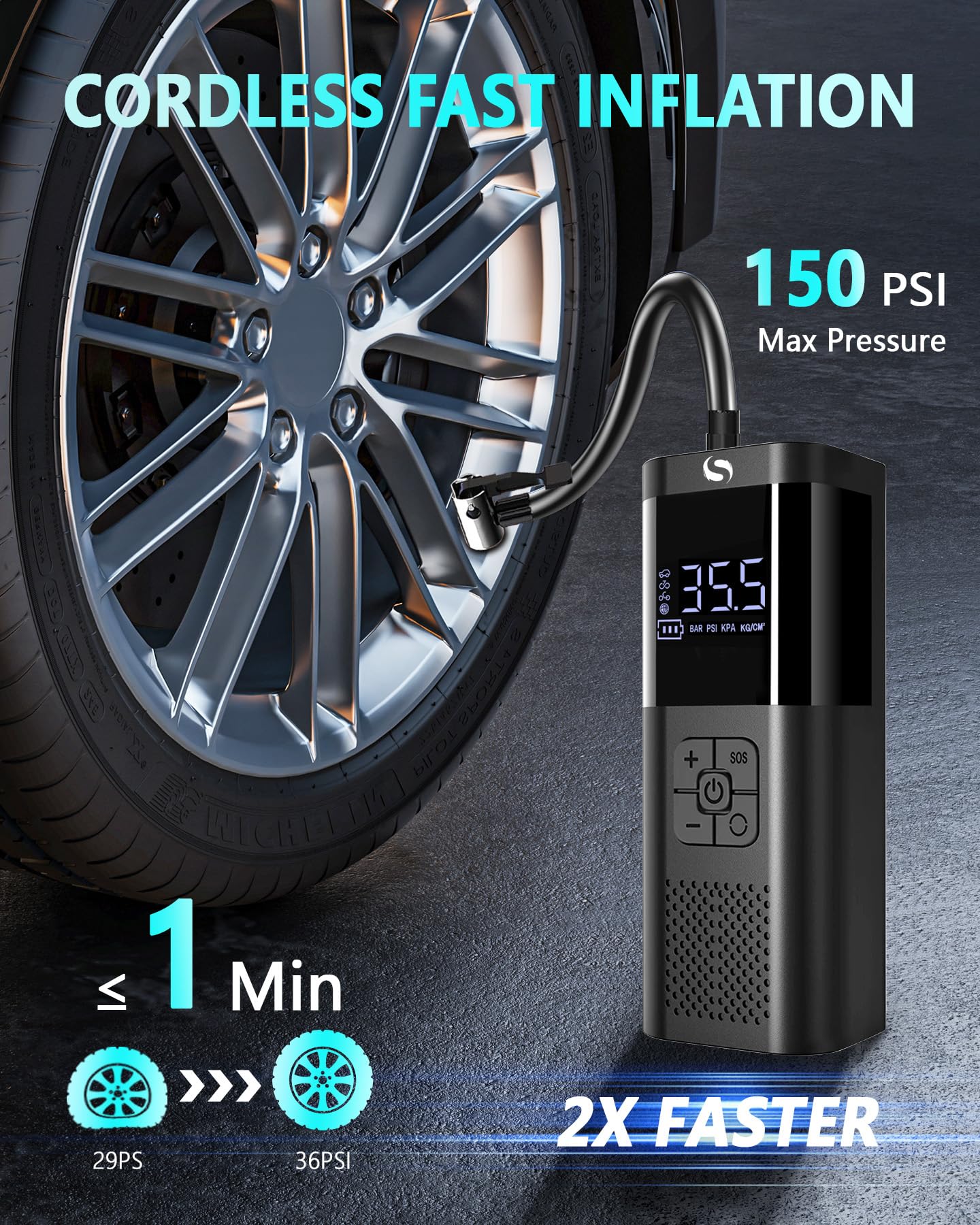 SERVOMASTER Portable Air Compressor, 150PSI Air Compressor Tire Inflator with Digital Pressure Gauge and LED Light, Portable Air Pump for Cars, Motorcycles, Bicycles, Balls